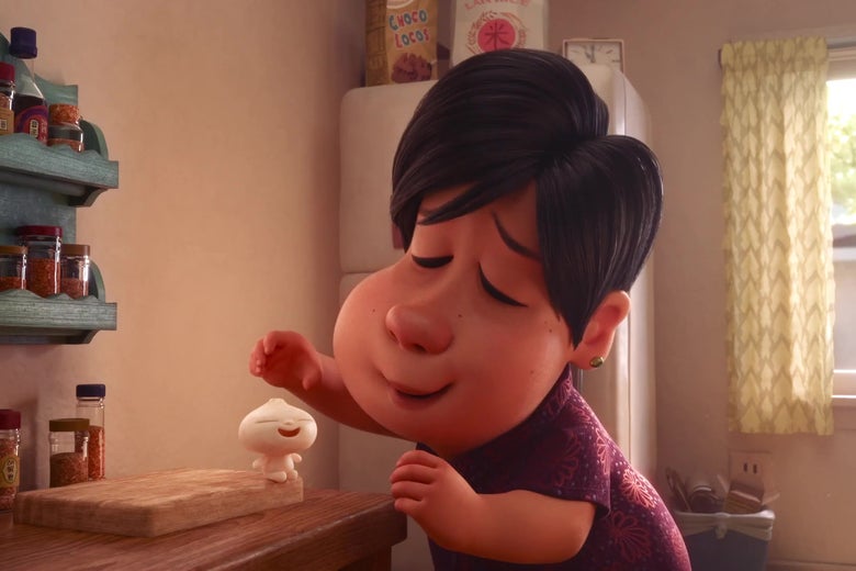 A still from Pixar showing an Asian mother and her adorable dumpling child.